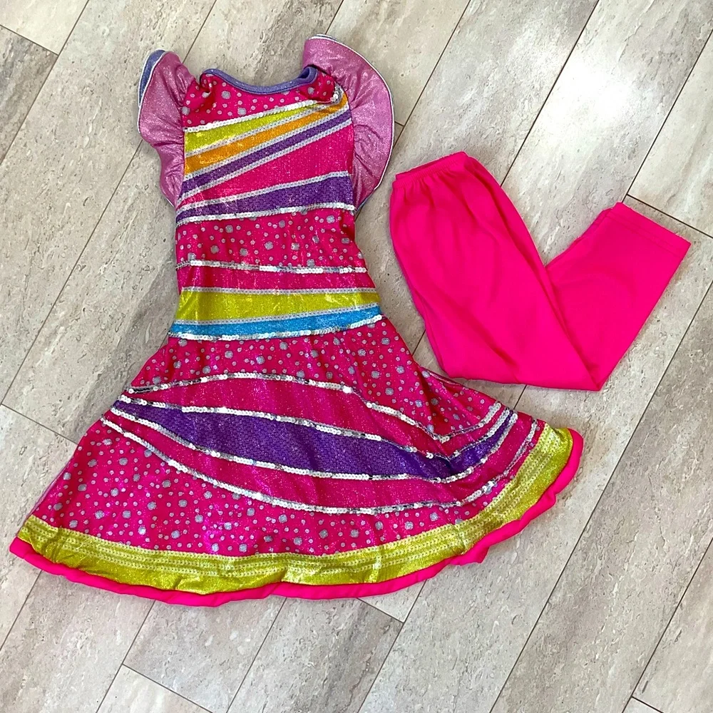 Disney Pink Multicolor Sequin Twirl Dress with Hot Pink Leggings